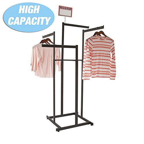 Clothing Rack – Black 4 Way Rack, High Capacity, Blade Arms, Square Tubing, Perfect for Clothing Store Display With 4 Straight Arms